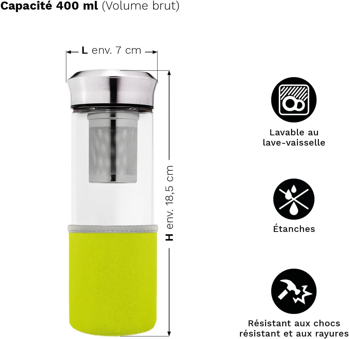 Creano Théière Teamaker Bouteille de Thé à Emporter en Verre avec Passoire