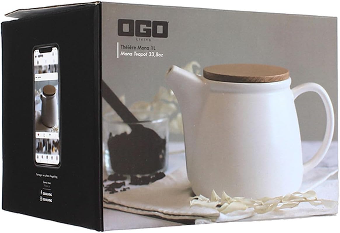 Théière Mona 1L en Porcelaine Blanche et Couvercle en Bois