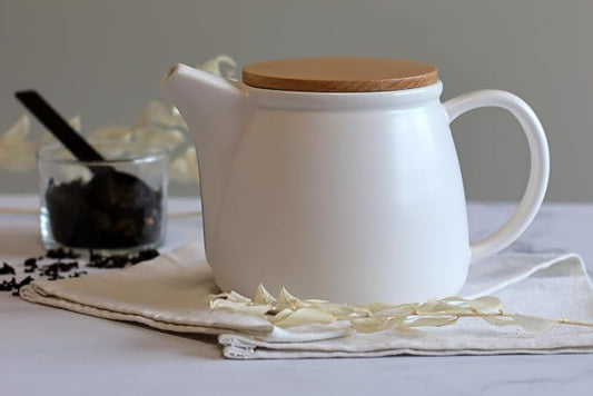 Théière Mona 1L en Porcelaine Blanche et Couvercle en Bois