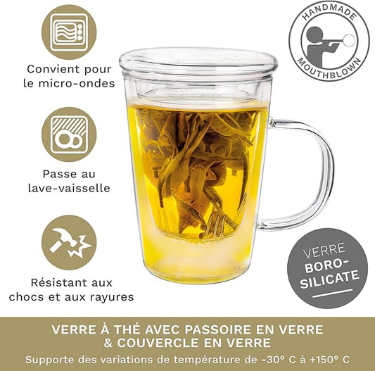 Verre à Thé Creano 400 ml - Grande Tasse à Thé avec passoire et couvercle en verre