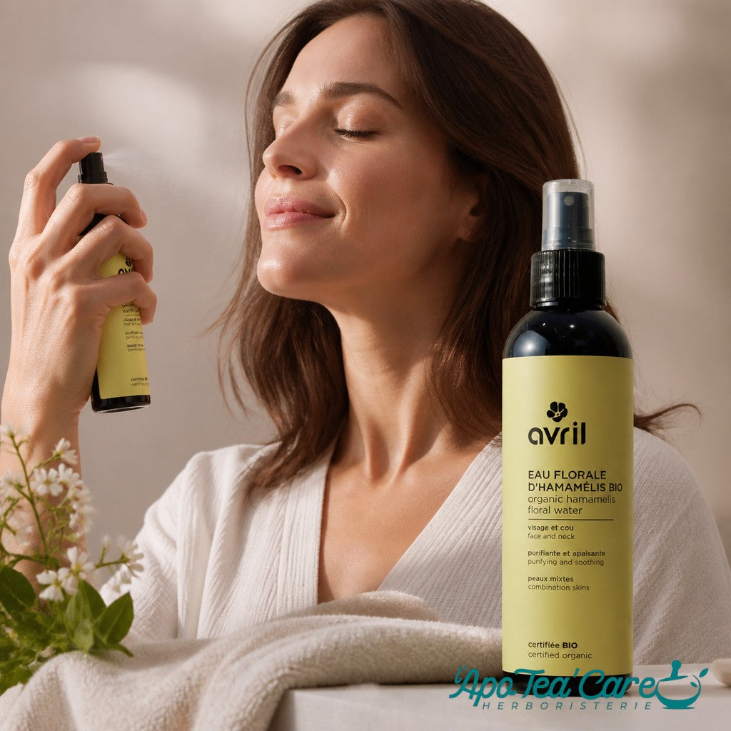 Femme utilisant l'eau florale d'hamamélis bio Herboristerie L'ApoTea'Care pour apaiser et purifier sa peau mixte.
