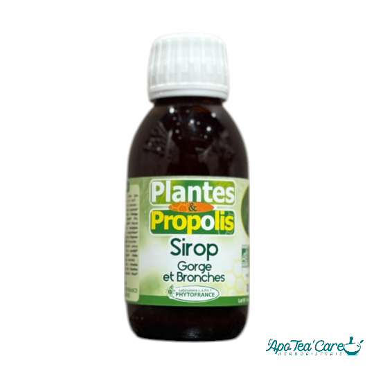 Bouteille de sirop pour la gorge et les bronches à base de plantes et Propolis. Herboristerie l'ApoTea'Care Perpignan Claira