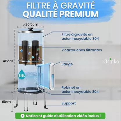 Fontaine Filtrante Inox 8,5L - Filtre à Eau par Gravité au Charbon Actif