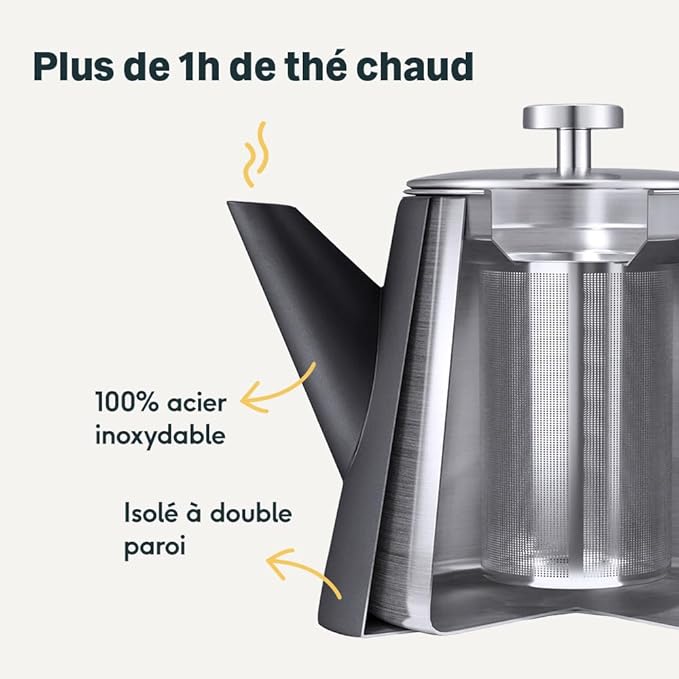 Théière 1L avec Tamis en Acier Inoxydable - Double Paroi
