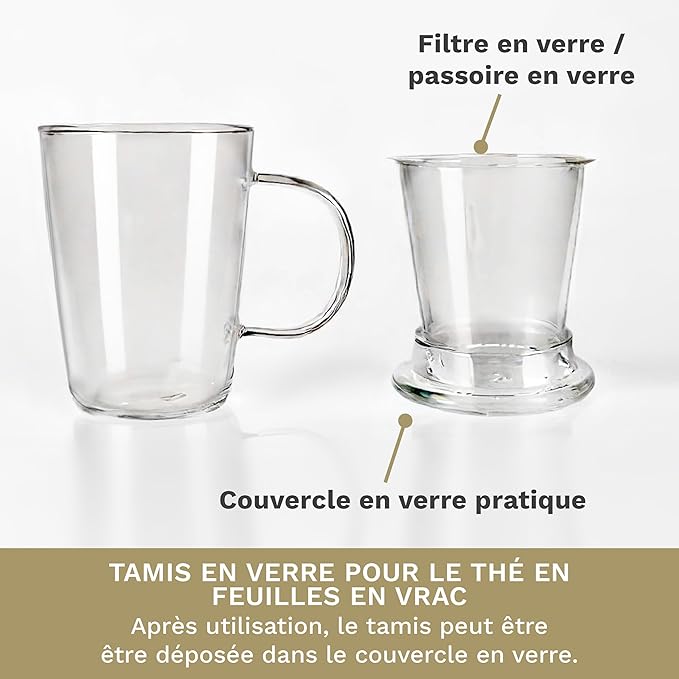 Verre à Thé Creano 400 ml - Grande Tasse à Thé avec passoire et couvercle en verre