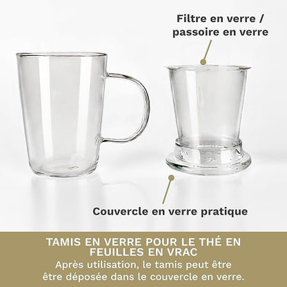 Verre à Thé Creano 400 ml - Grande Tasse à Thé avec passoire et couvercle en verre