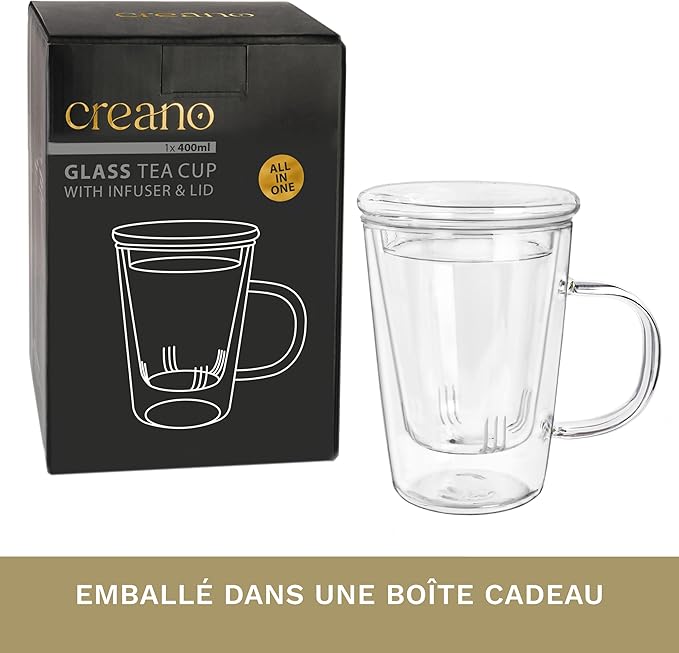 Verre à Thé Creano 400 ml - Grande Tasse à Thé avec passoire et couvercle en verre
