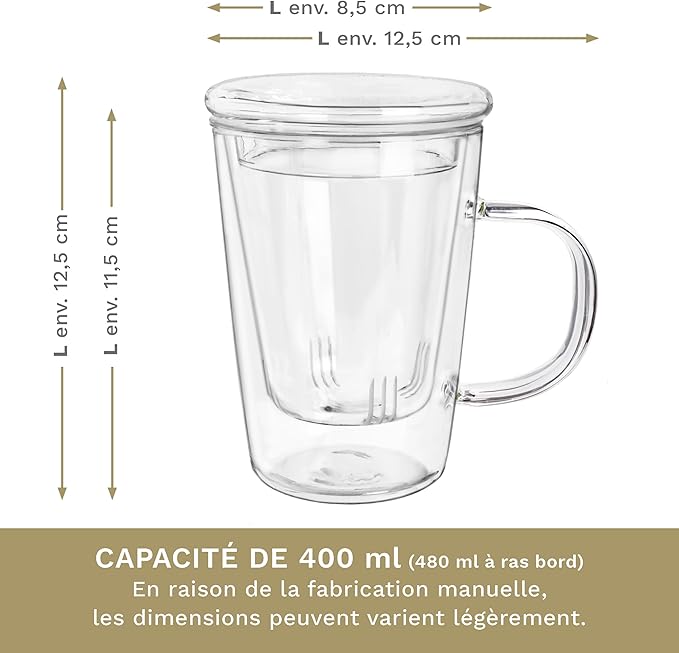 Verre à Thé Creano 400 ml - Grande Tasse à Thé avec passoire et couvercle en verre
