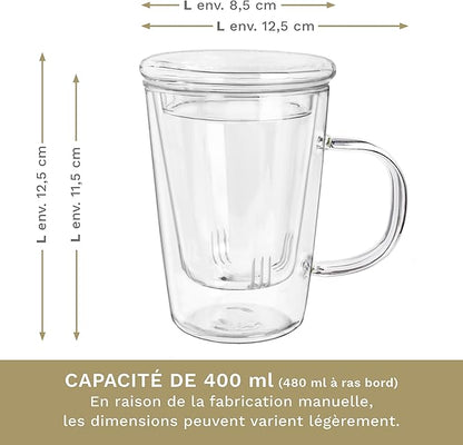 Verre à Thé Creano 400 ml - Grande Tasse à Thé avec passoire et couvercle en verre