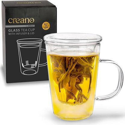 Verre à Thé Creano 400 ml - Grande Tasse à Thé avec passoire et couvercle en verre