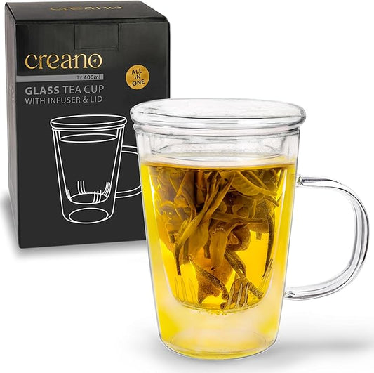 Verre à Thé Creano 400 ml - Grande Tasse à Thé avec passoire et couvercle en verre