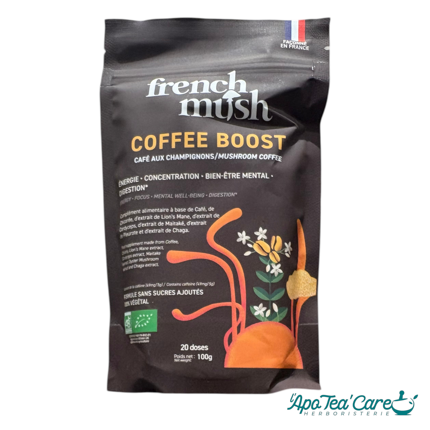 Coffee Boost Bio French Mush – Poudre café Lion's Mane Cordyceps Maitake Chaga, alternative naturelle au café- L'ApoTea'Care