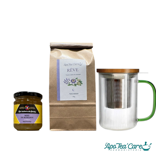  Coffret Cadeau Cocooning Tisane du Soir — tisane L'ApoTea'Rêves, miel de tilleul et tisanière Karl