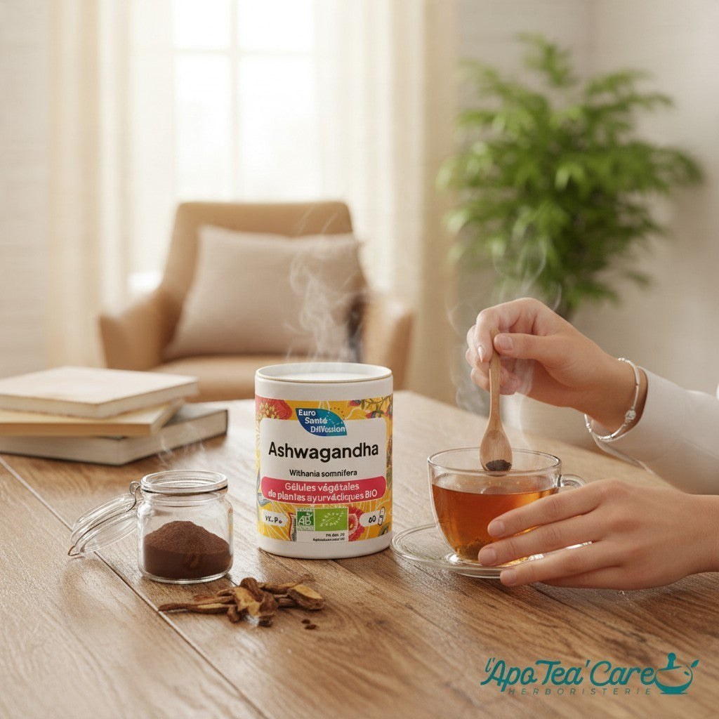 Pot d'Ashwagandha BIO Herboristerie L'ApoTea'Care sur une table en bois avec une tasse de tisane fumante