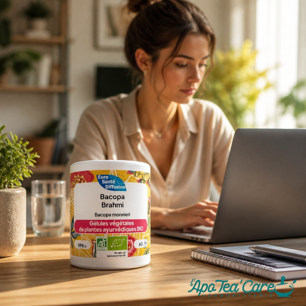 Pot de Bacopa Bio Brahmi Herboristerie L'ApoTea'Care devant une femme travaillant sur un ordinateur portable
