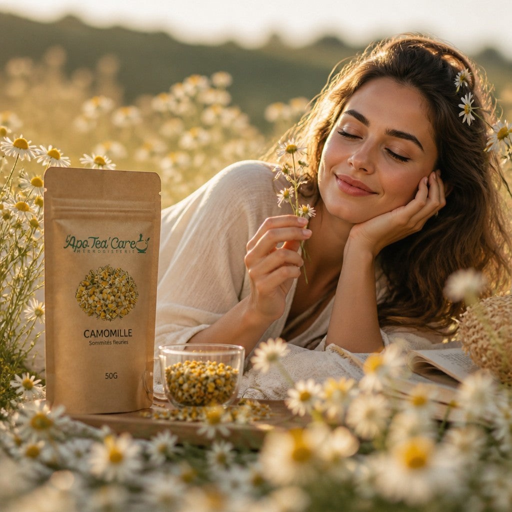 Femme souriante dans un champ de camomille avec le sachet de fleurs séchées Herboristerie L'ApoTea'Care pour infusion