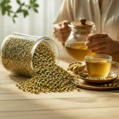 Herboristerie L'ApoTea'Care : fleurs de camomille matricaire bio séchées en vrac avec infusion dans une tasse