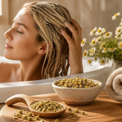 Herboristerie L'ApoTea'Care Camomille Matricaire bio en fleurs séchées dans un bol, femme relaxée dans un bain