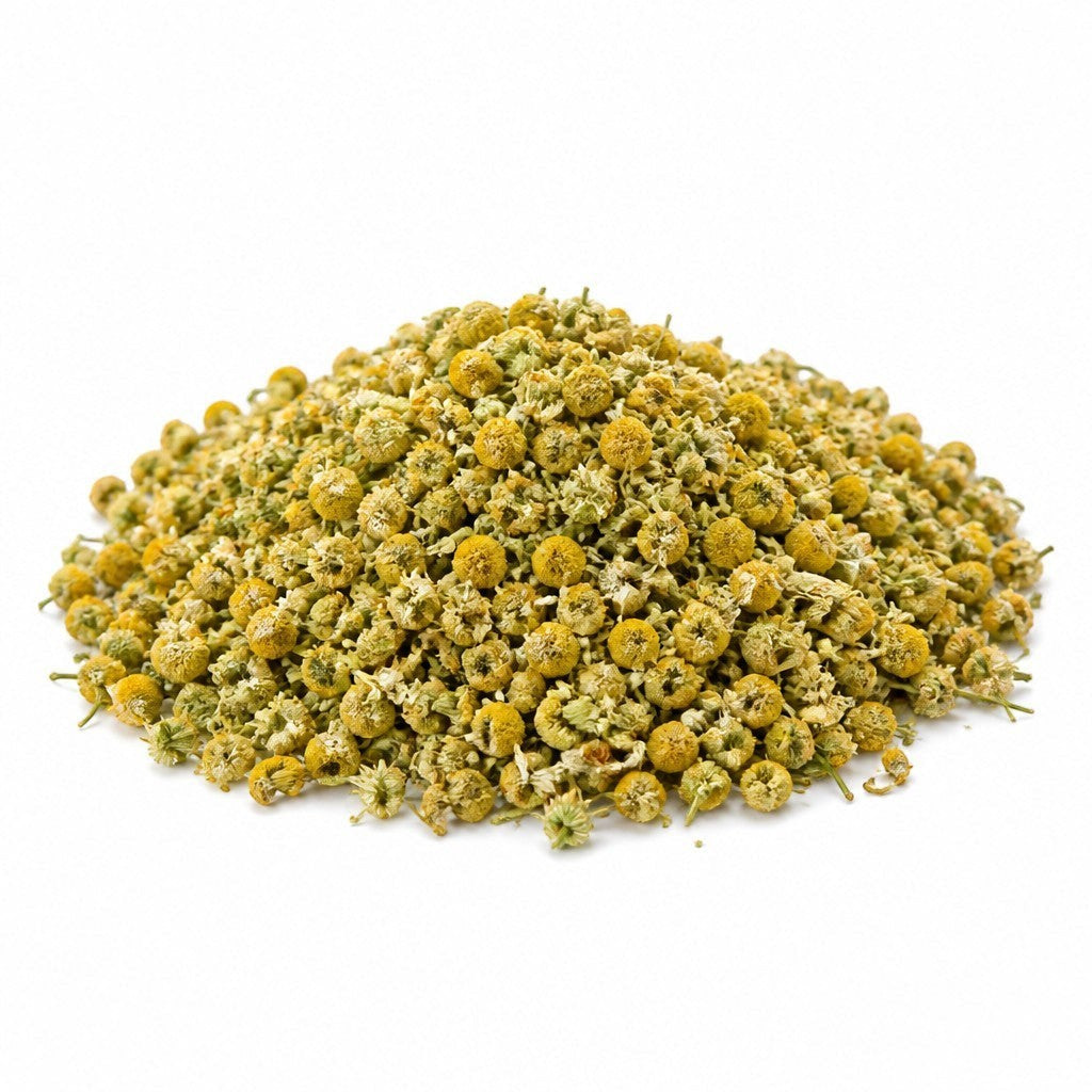 Tas de capitules floraux de camomille matricaire Herboristerie L'ApoTea'Care pour infusion apaisante et digestive