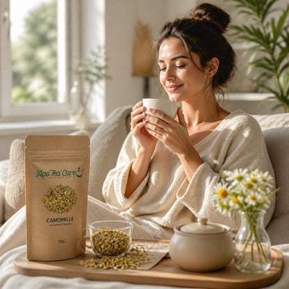 Femme souriante buvant une infusion de camomille Herboristerie L'ApoTea'Care dans un salon lumineux et apaisant.