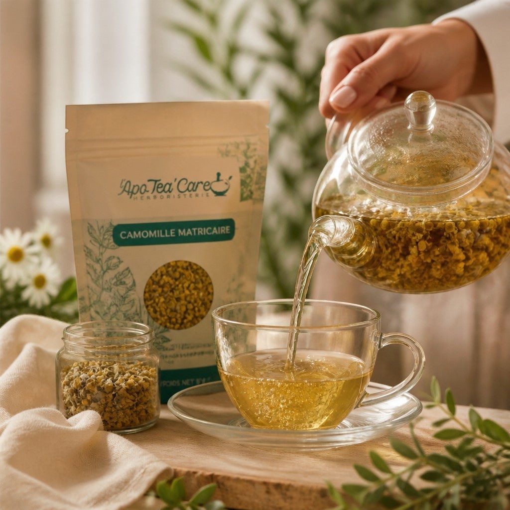 Infusion de camomille matricaire Herboristerie L'ApoTea'Care versée dans une tasse en verre pour le bien-être