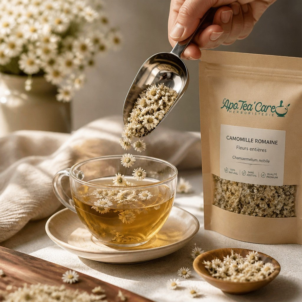 Fleurs de Camomille Romaine bio Herboristerie L'ApoTea'Care versées dans une tasse pour une infusion apaisante.