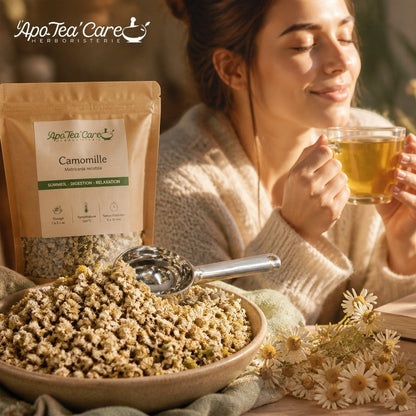 Femme souriante dégustant une infusion de fleurs de Camomille Romaine Herboristerie L'ApoTea'Care dans un bol en bois