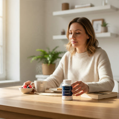 Femme tenant le flacon de Complexe Glycémie Dynveo de Herboristerie L'ApoTea'Care sur une table lumineuse