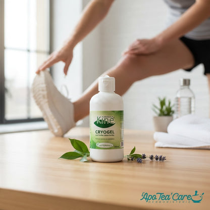 Flacon de Cryogel Aroma-Kiné Herboristerie L'ApoTea'Care sur une table en bois avec de la lavande et une personne