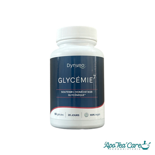 Flacon de complément alimentaire Complexe Glycémie Dynveo vendu par Herboristerie L'ApoTea'Care, 60 gélules vegan.