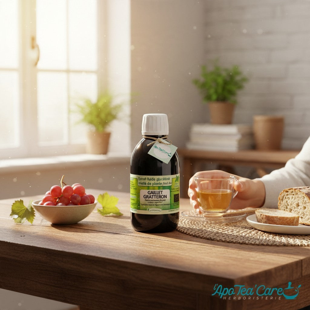 Flacon d'extrait fluide glycériné de Gaillet Gratteron Bio Herboristerie L'ApoTea'Care sur une table en bois