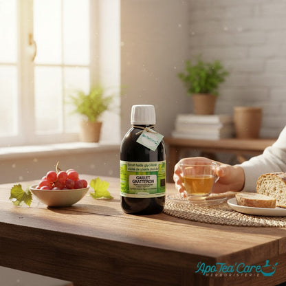 Flacon d'extrait fluide glycériné de Gaillet Gratteron Bio Herboristerie L'ApoTea'Care sur une table en bois