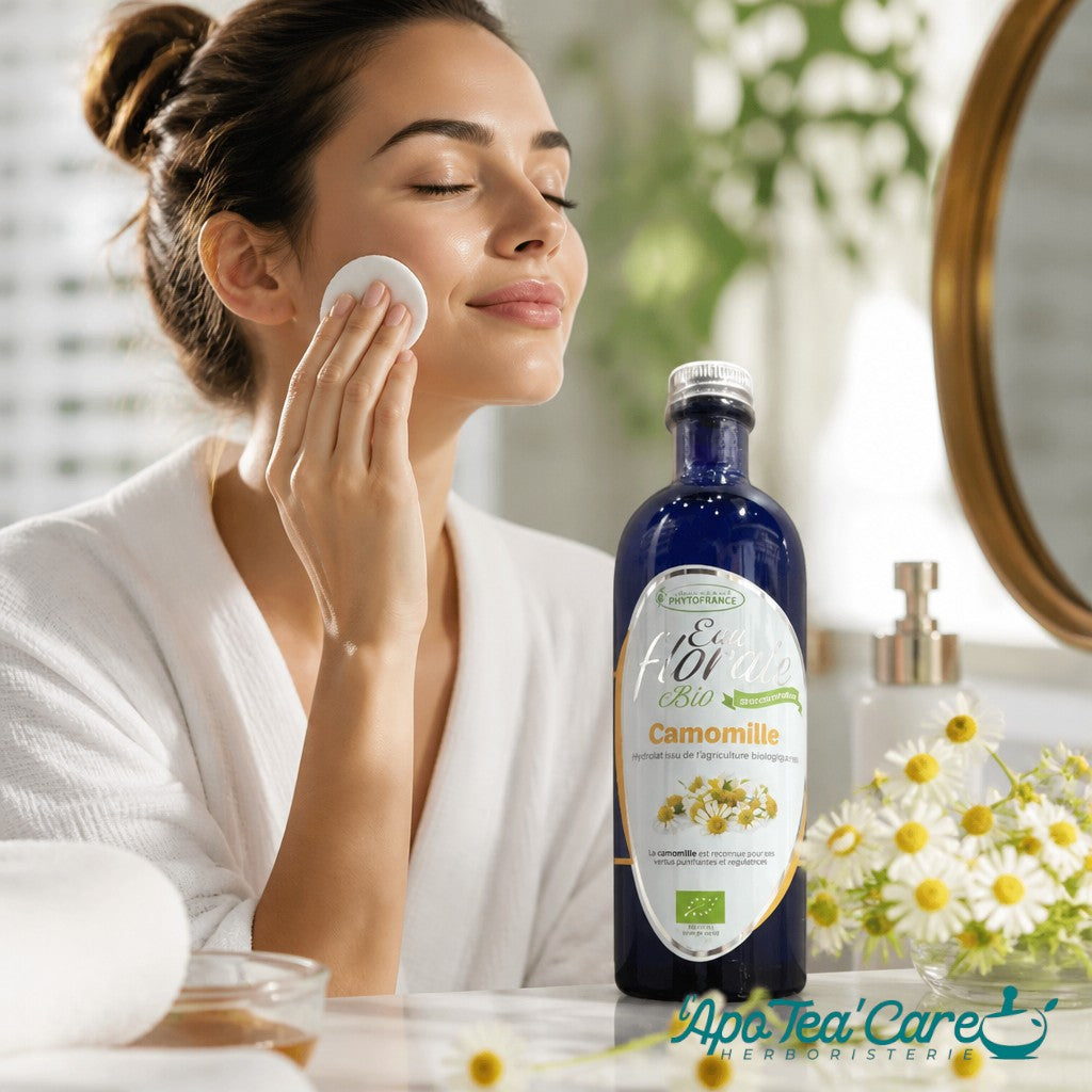 Femme appliquant l'hydrolat de camomille romaine bio PhytoFrance Herboristerie L'ApoTea'Care sur son visage