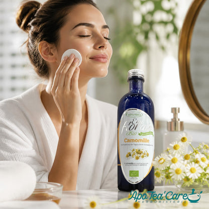 Femme appliquant l'hydrolat de camomille romaine bio PhytoFrance Herboristerie L'ApoTea'Care sur son visage