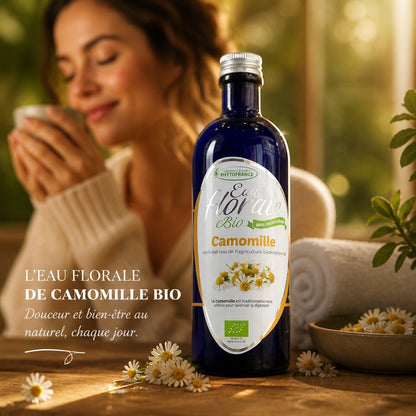 Hydrolat de Camomille Romaine Bio PhytoFrance 200ml dans une bouteille bleue, présenté par Herboristerie L'ApoTea'Care