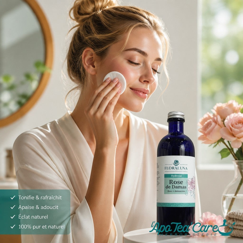 Femme appliquant l'hydrolat de Rose de Damas Herboristerie L'ApoTea'Care sur son visage avec un coton