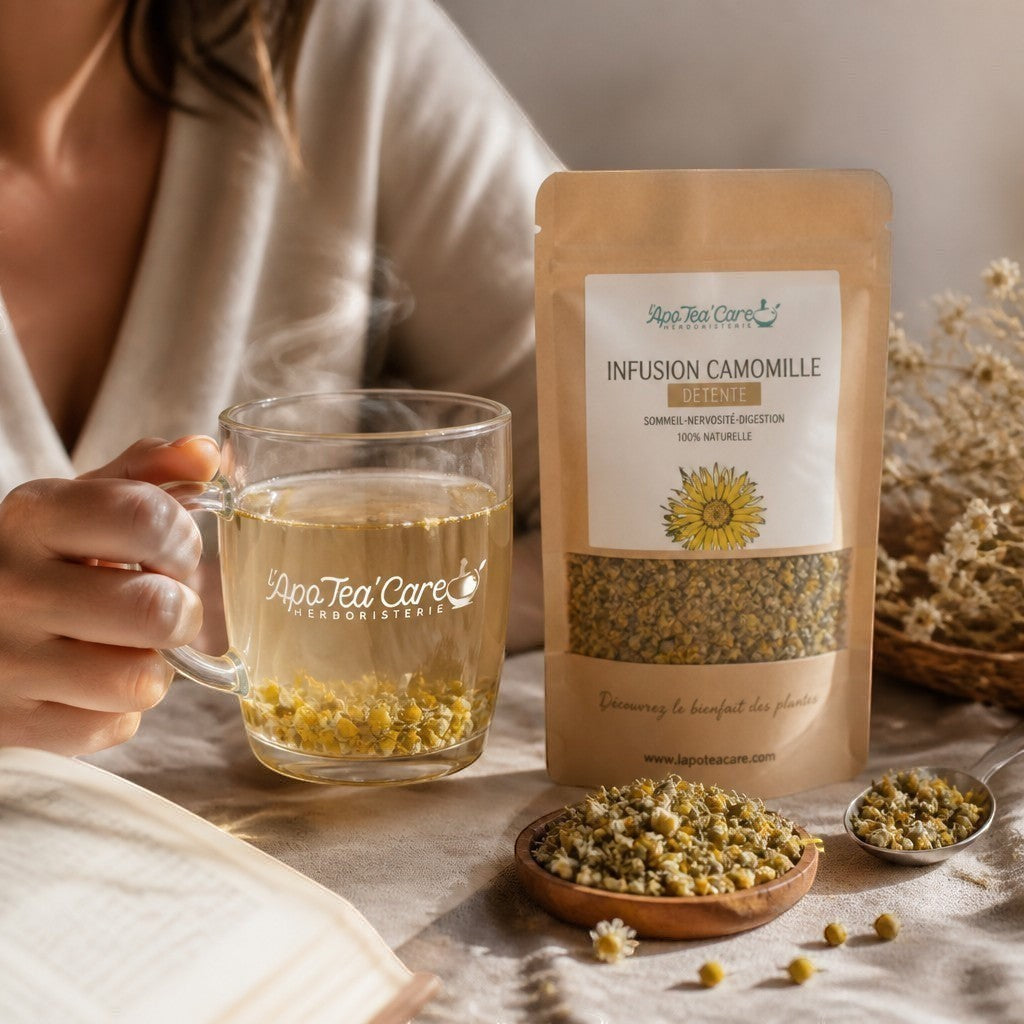 Infusion de camomille matricaire bio Herboristerie L'ApoTea'Care avec sachet kraft, tasse fumante et fleurs séchées.
