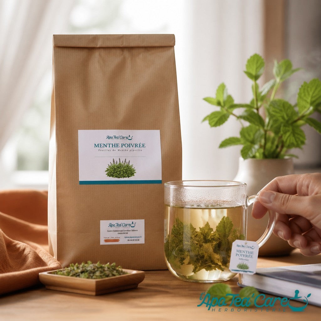 Infusion de menthe poivrée Herboristerie L'ApoTea'Care avec sachet kraft, tasse transparente et plante fraîche