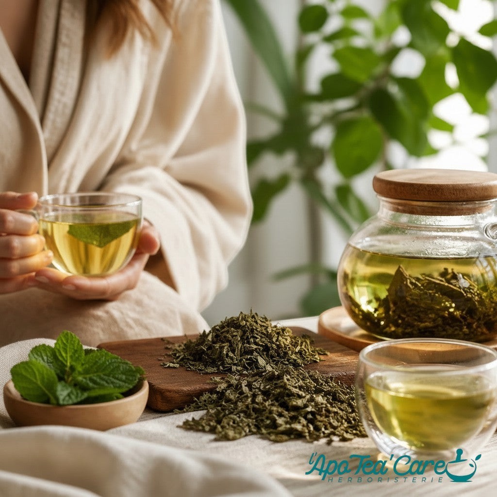 Herboristerie L'ApoTea'Care infusion de menthe poivrée en feuilles entières avec théière en verre et tasse fumante