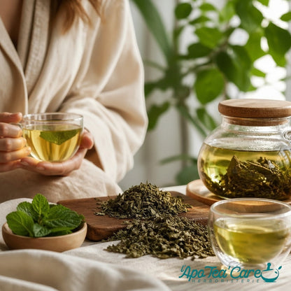 Herboristerie L'ApoTea'Care infusion de menthe poivrée en feuilles entières avec théière en verre et tasse fumante