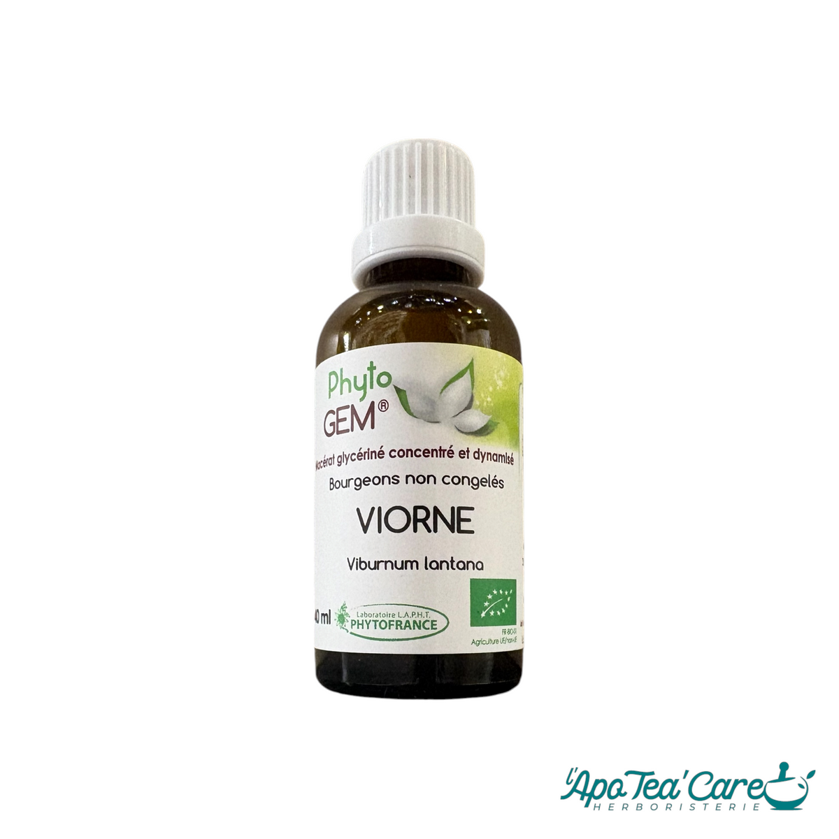 Flacon de 40ml de macérat de bourgeons de Viorne bio PhytoFrance vendu par Herboristerie L'ApoTea'Care
