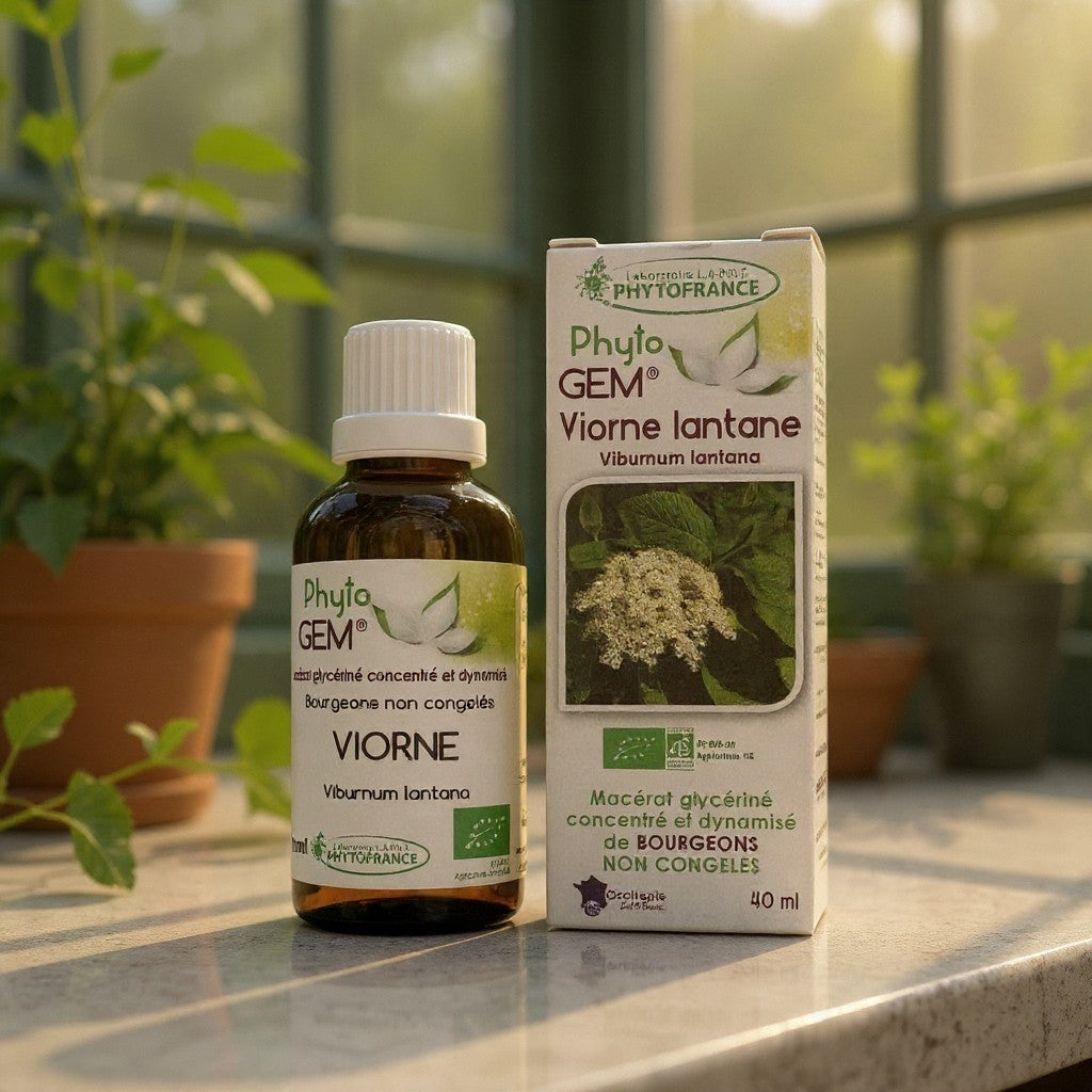 Flacon et boîte de macérat de bourgeons de Viorne BIO PhytoFrance par Herboristerie L'ApoTea'Care sur un rebord