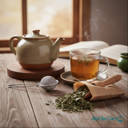 Herboristerie L'ApoTea'Care Menthe Poivrée Bio en feuilles séchées avec théière, tasse fumante et infuseur sur table