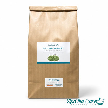 Sachet kraft Herboristerie L'ApoTea'Care contenant des feuilles entières de menthe poivrée pour infusion digestive.