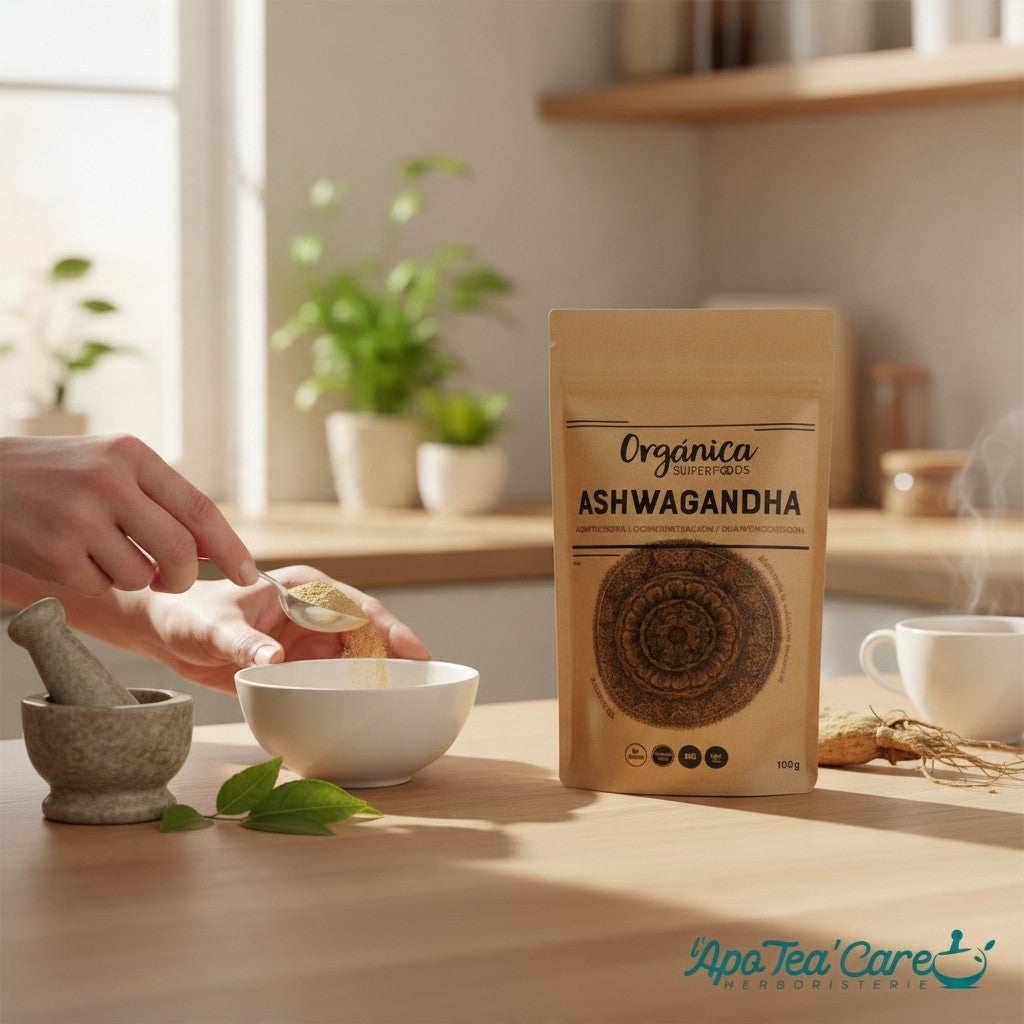 Poudre d'Ashwagandha bio Herboristerie L'ApoTea'Care dans un sachet kraft, préparée avec une cuillère dans un bol.