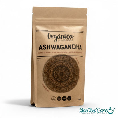 Sachet de poudre d'Ashwagandha bio Herboristerie L'ApoTea'Care, plante adaptogène ayurvédique en emballage kraft.