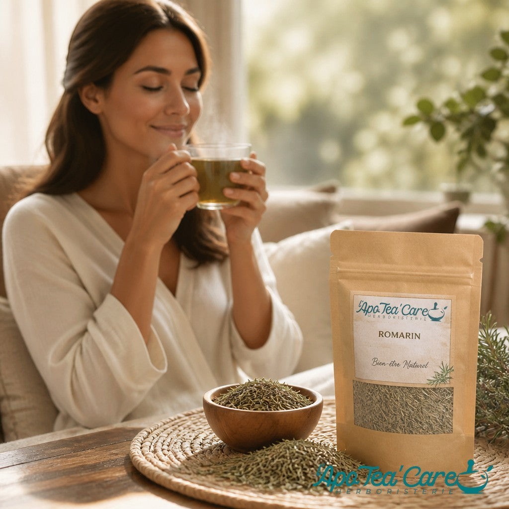 Femme dégustant une infusion de romarin Herboristerie L'ApoTea'Care avec sachet de feuilles bio et bol en bois