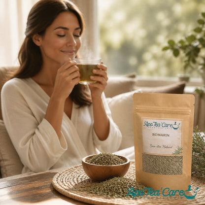 Femme dégustant une infusion de romarin Herboristerie L'ApoTea'Care avec sachet de feuilles bio et bol en bois