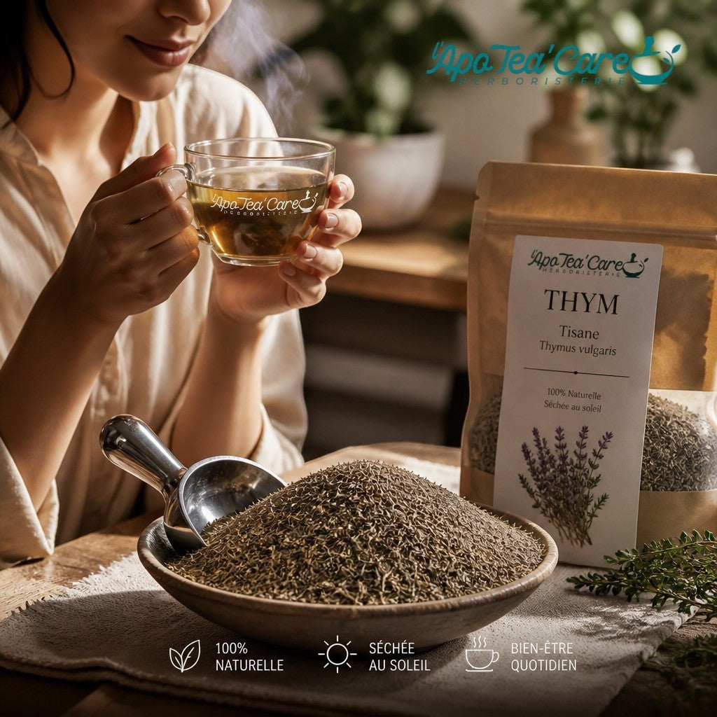 Femme dégustant une infusion de Thym Sauvage Bio Herboristerie L'ApoTea'Care avec sachet de plantes séchées