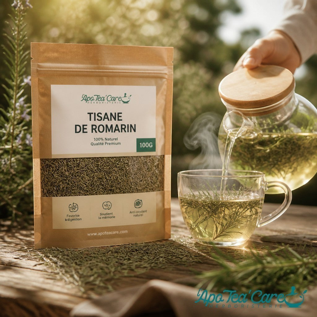 Sachet de tisane de romarin bio Herboristerie L'ApoTea'Care avec une tasse d'infusion fumante sur une table en bois